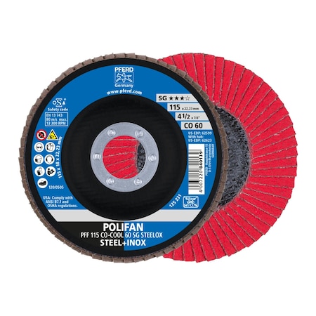 Pferd 4-1/2" x 7/8" A.H. POLIFAN Flap Disc - CO-COOL SG STEELOX, Ceramic oxide, 60 Grit, Flat 62599